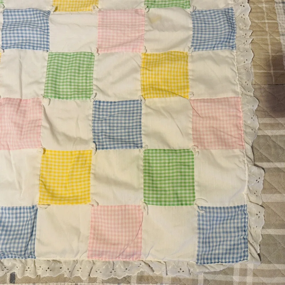 Vintage Baby Blanket Square Crib Toddler Bed Quilted Blue Multicolor Patchwork